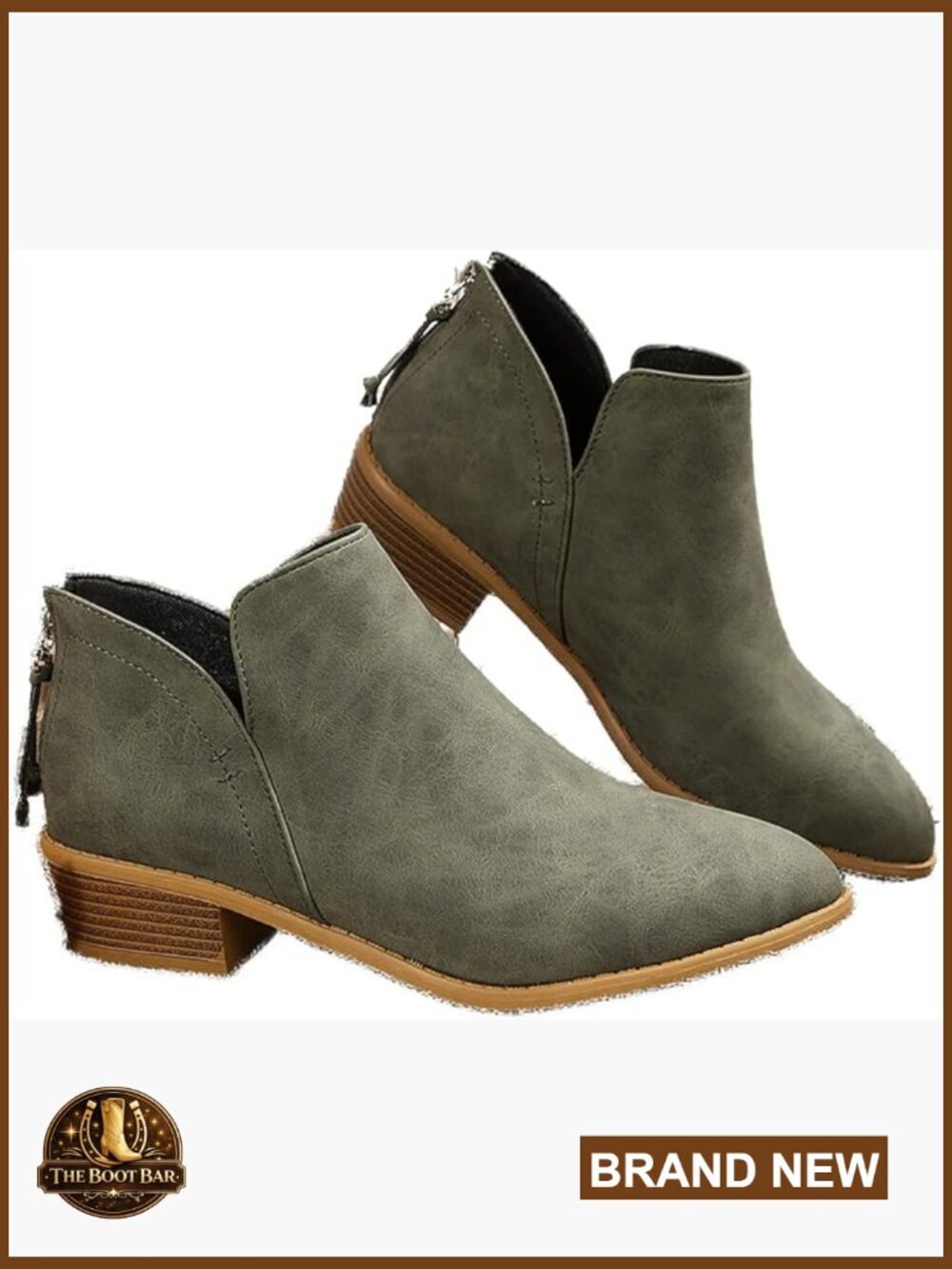 Women's Low Heeled Ankle Booties with Side V Cut, Chunky Block Heel, Zipper